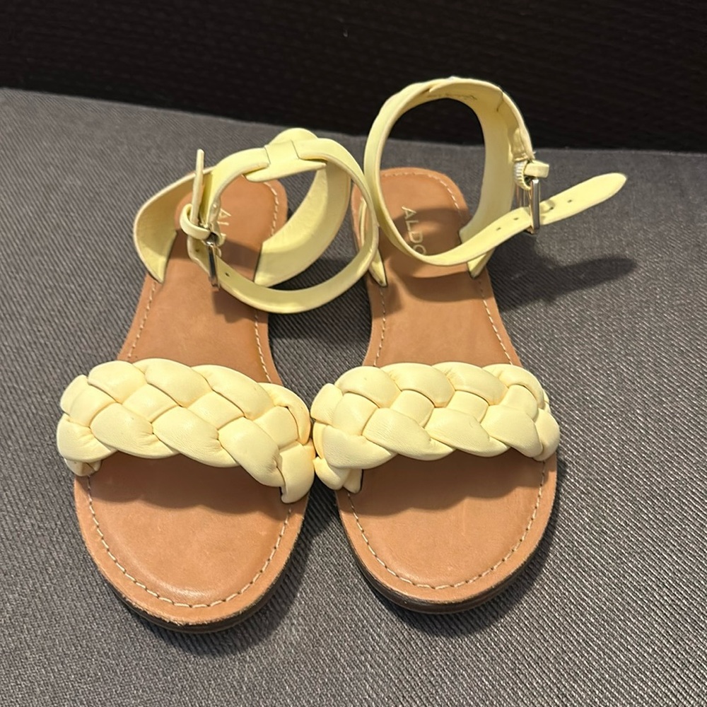 Ankle strap flat sandals. Aldo size 6.5 color is light yellow/cream